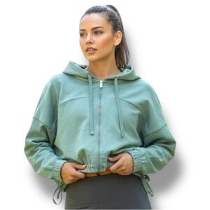 Mango Mint Green Zip Front Cropped Wide Boxy Sweatshirt Hoodie Size Medium